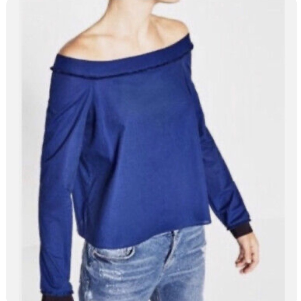 Zara blue cotton poplin split open back off the shoulder blouse top S